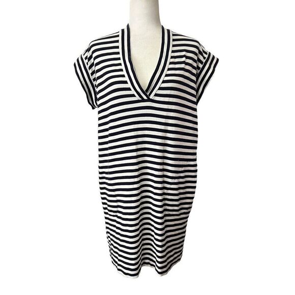 ATM Black & White Striped XSmall V-Neck Short-Sleeve T-Shirt Cotton Dress - Picture 1 of 8